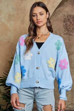 ADORA Flower Button Down Lantern Sleeve Cardigan - PRAYANS