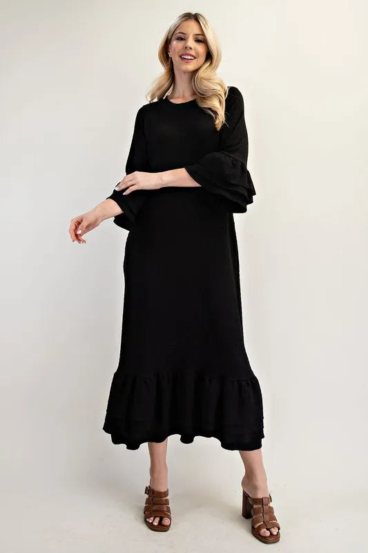 Celeste Full Size Textured Ruffle Hem Modest Dress Plus Size