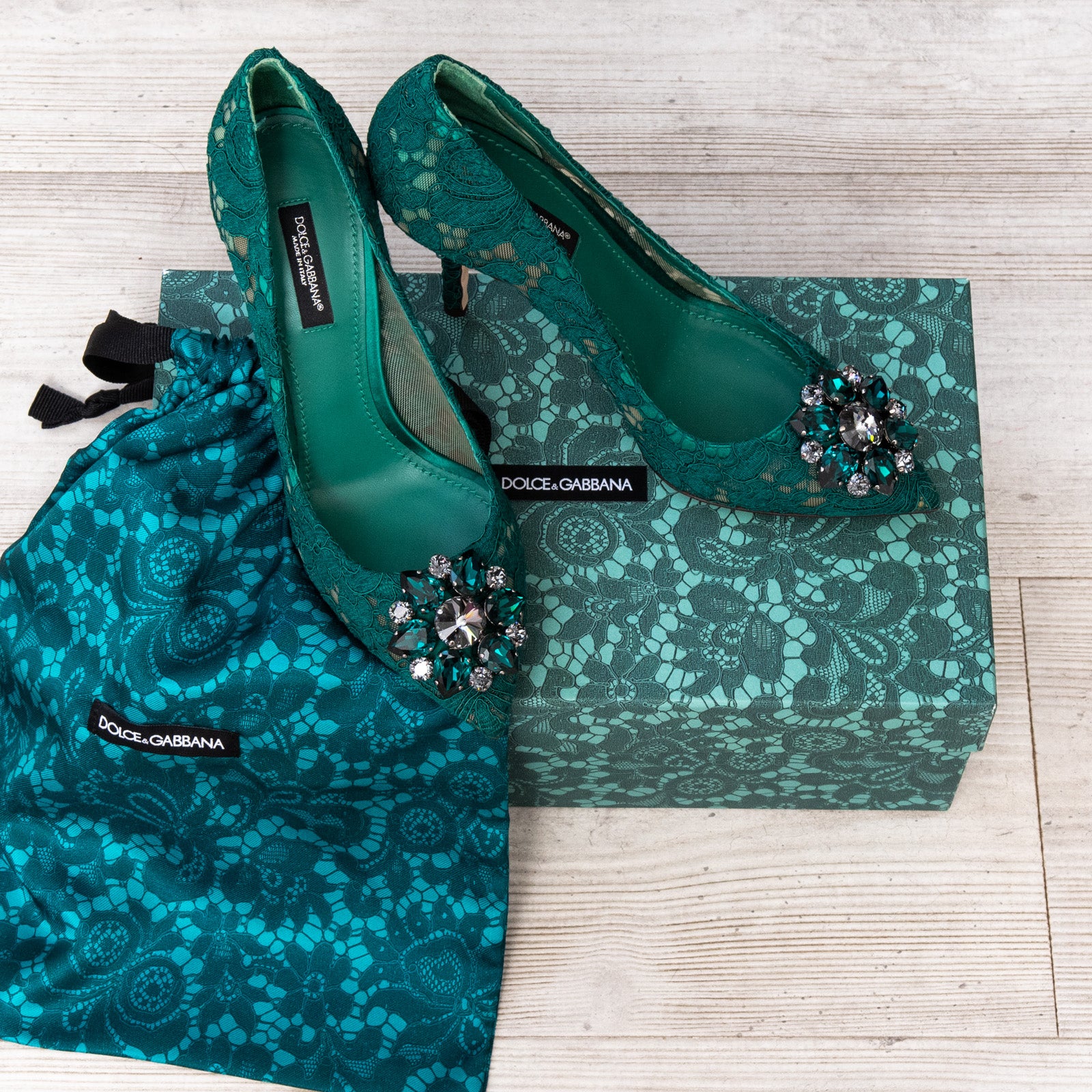 image of Dolce And Gabbana Green Lace Rainbow Pumps Size 37