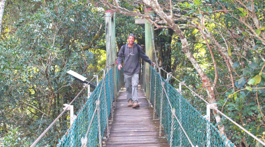 A man smiling as he is walking across a suspension bridge at the O'Reilly Tree Top Walk.