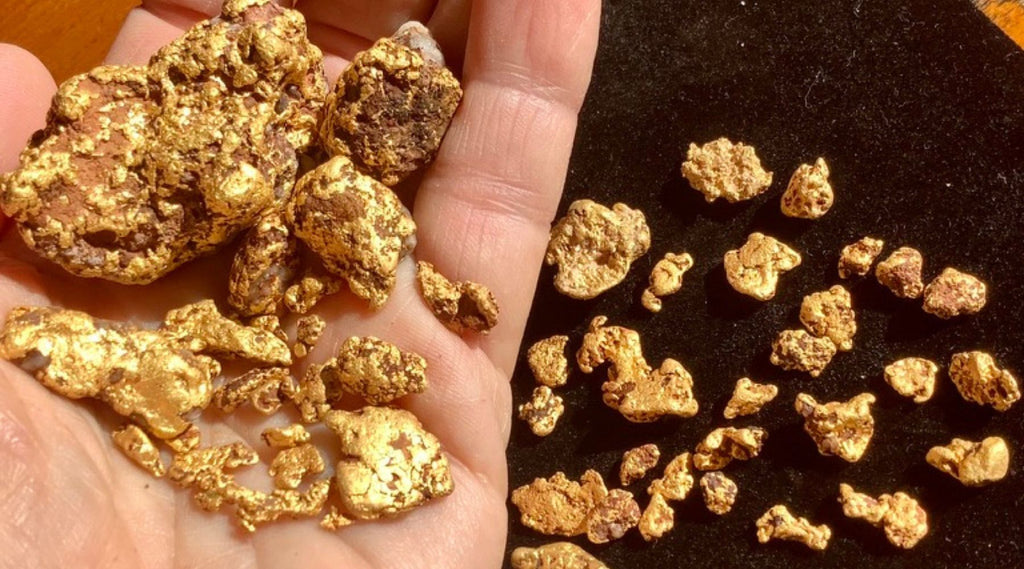 A hand holding a few big gold nuggets and lots of other smaller nuggets on the bench in the background. 