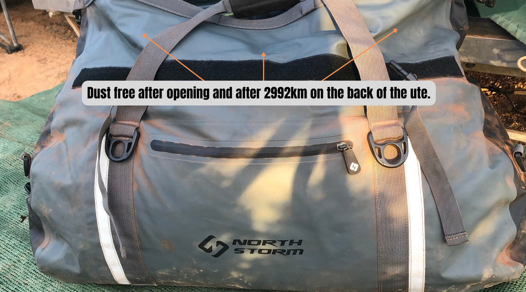 Duffle bag opened after nearly 300km on the road to show no dust