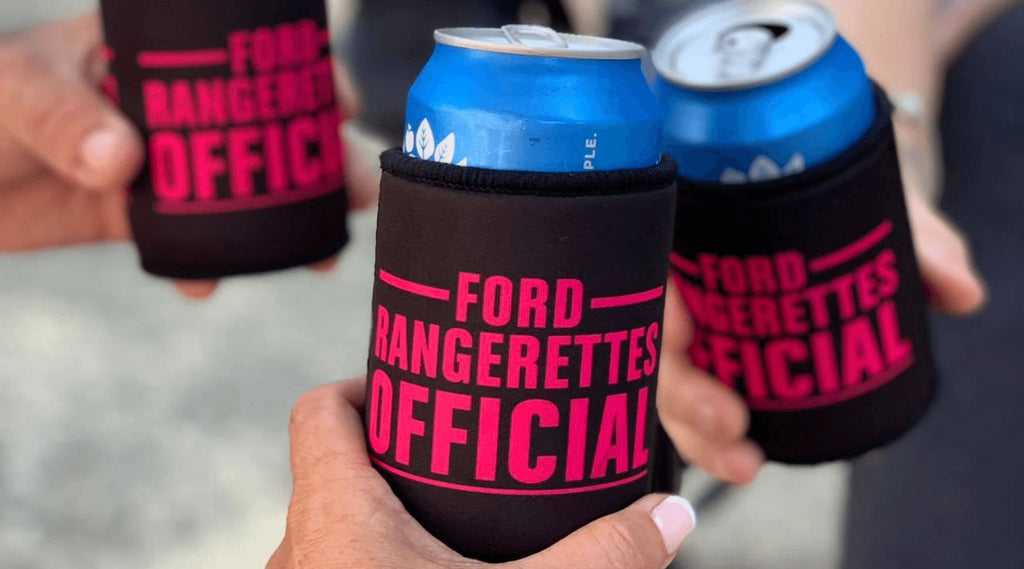 FORD RANGERETTES OFFICAL STUBBIE COOLERS DOING A CHEERS.