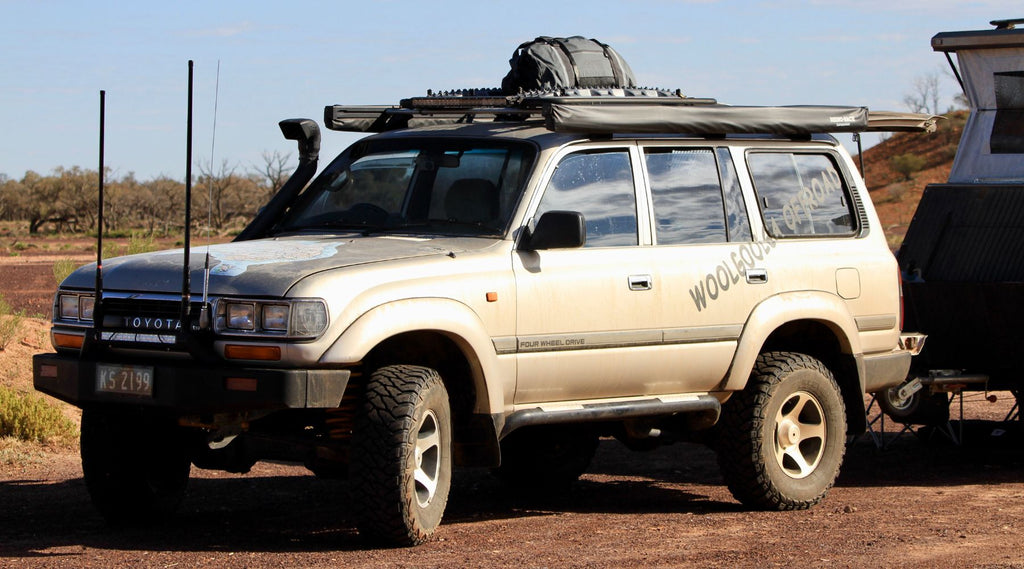 North Storm waterproof 60 litre duffel back on the roof of a Toyota Landcruiser.