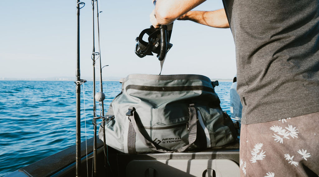 Waterproof North Storm duffel bag on fishing boat