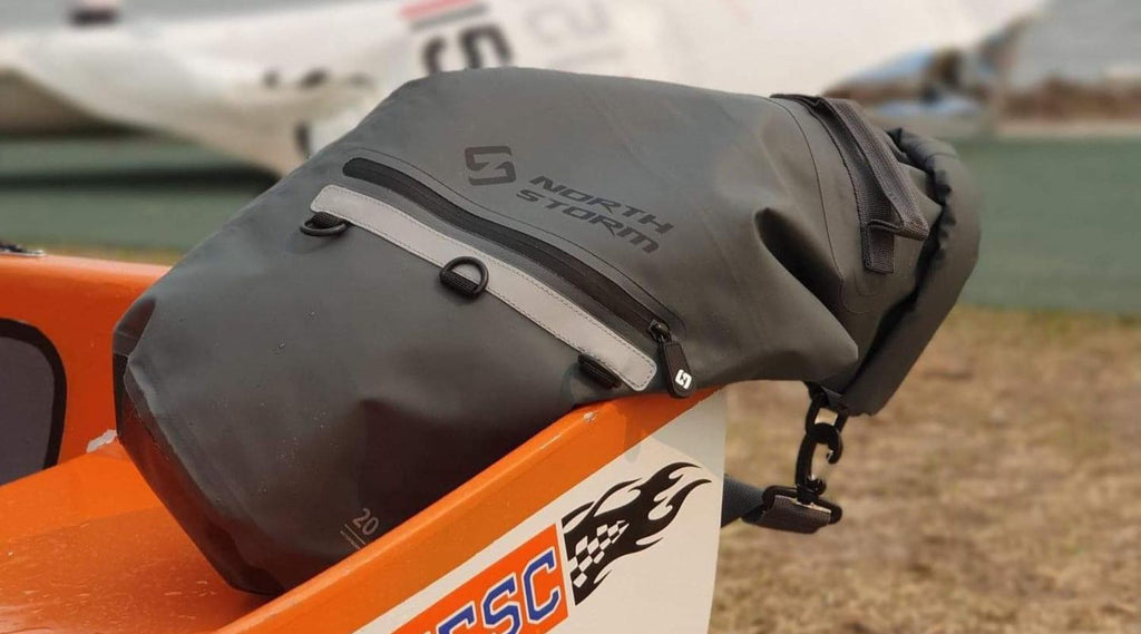 A North Storm 20 litre dry bag on a small sail boat.