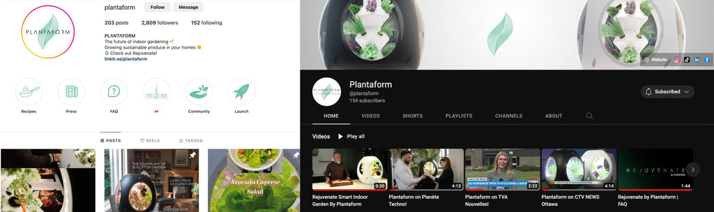 Plantaform's Social Media. Instagram and YouTube accounts @plantaform
