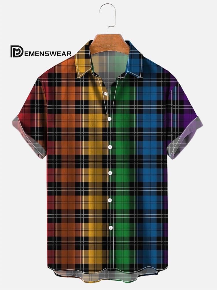 Men's Plaid Stripes Lines Rainbow Print Shirt– demenswear.com