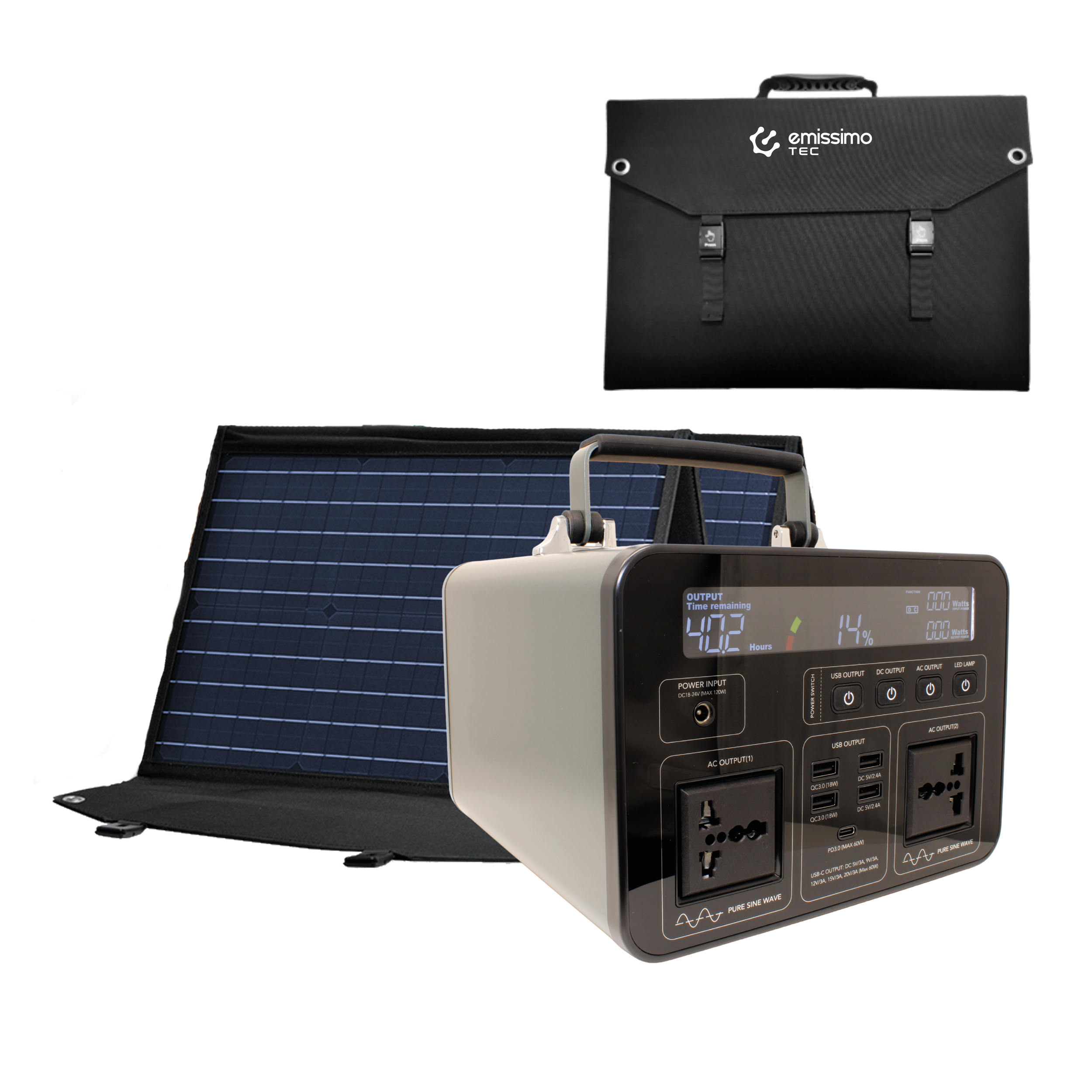 Emissimo Tec Starter Set Mobiler Strom für den Notfall:  Steckdose 500Wh + 100W Solar Panel