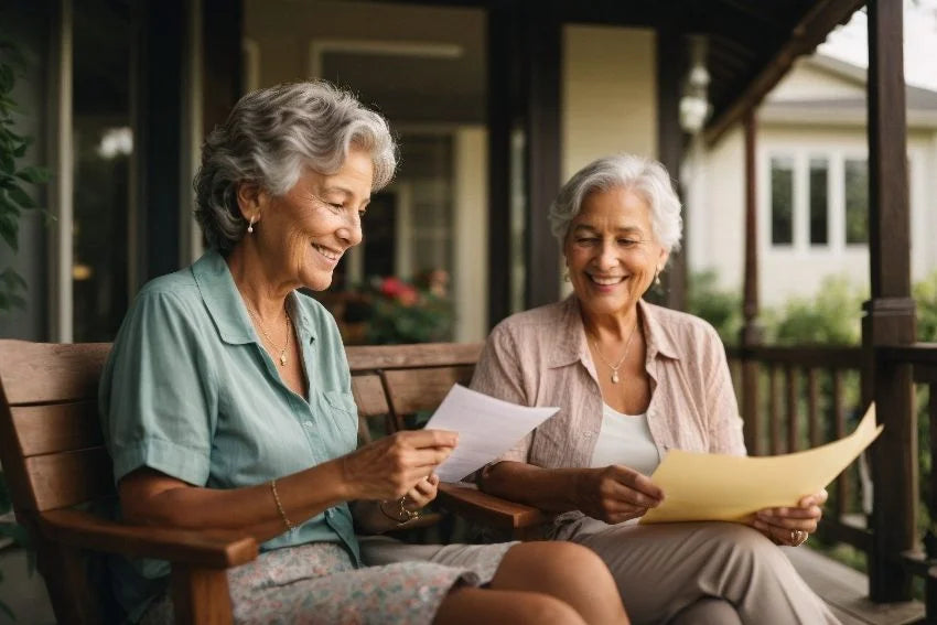 Two middle-aged women sitting on front porch smiling reading letter