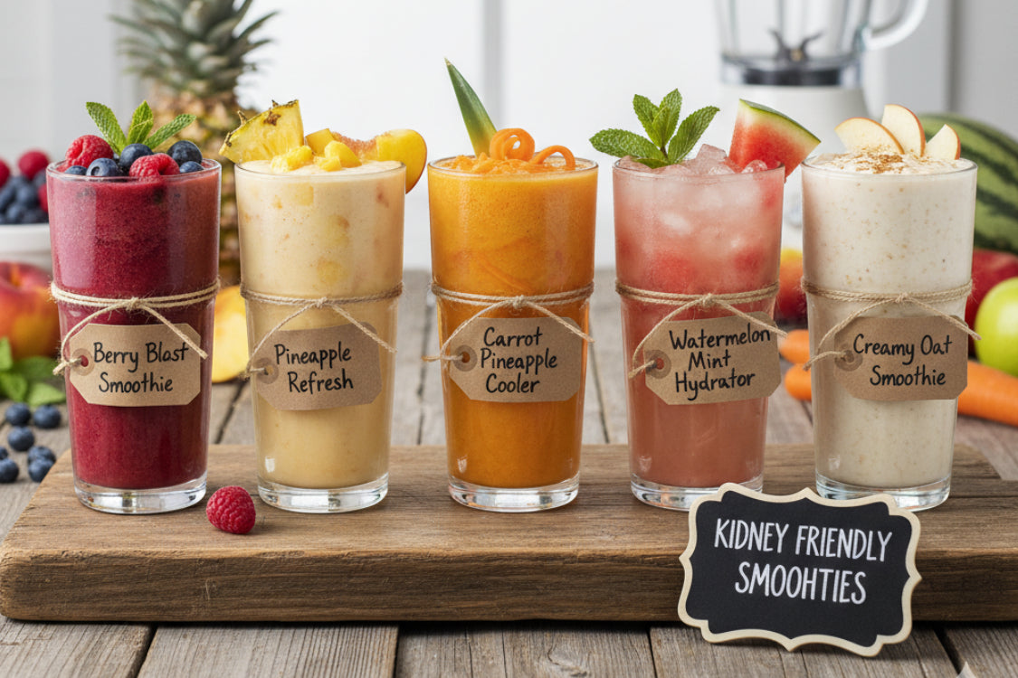 Five labeled kidney-friendly smoothies made with fruit and vegetables