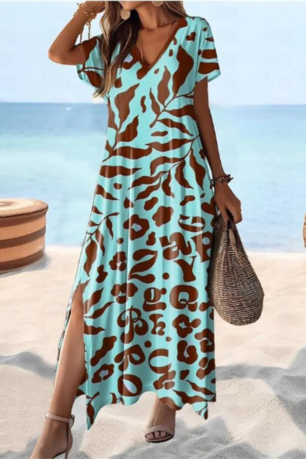 Full Size V-Neck Short Sleeve Slit Dress Plus Size