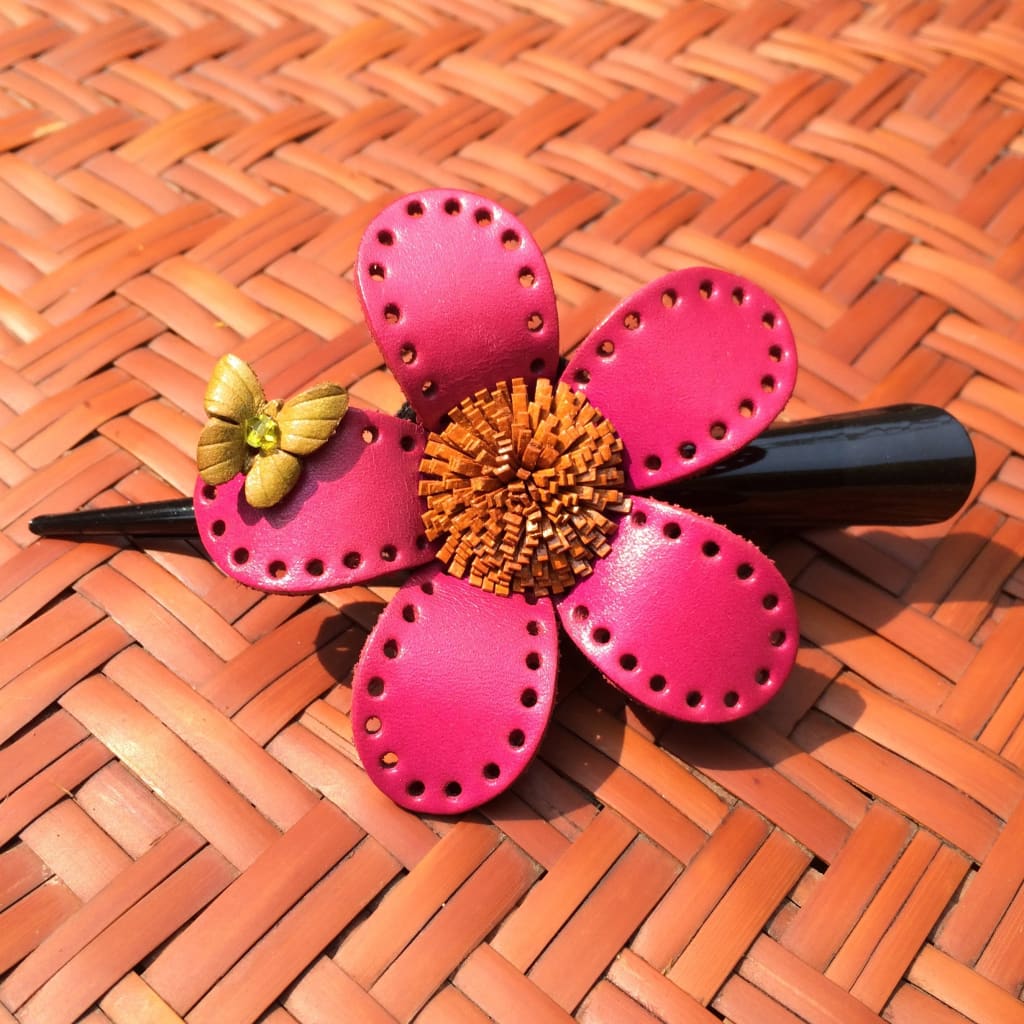 Flower Hair Clip | Leather Daisy & Butterfly w/ Jewel