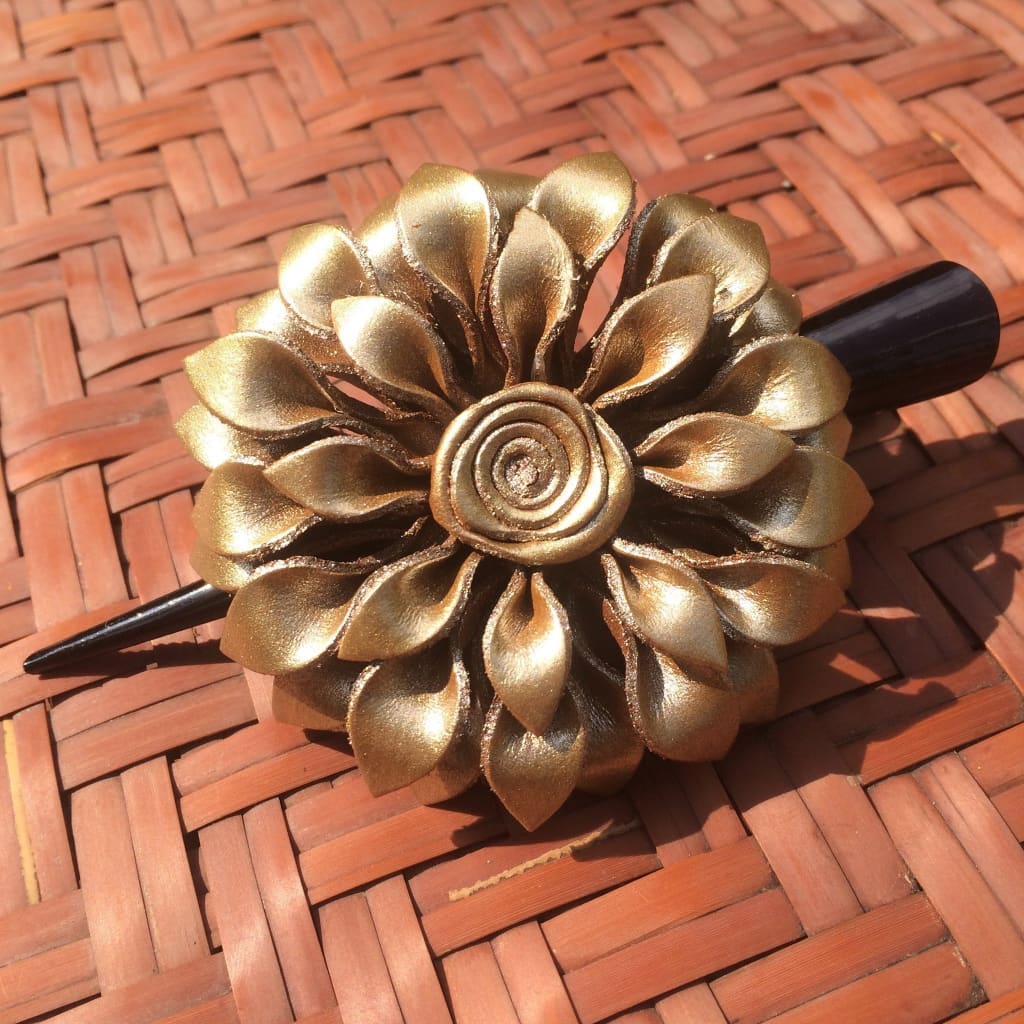 Leather Flower Hair Clip - Dahlia Silver and Gold