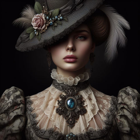 Frau im viktorianischen Stil mit Hut und traditionellem Schmuck
