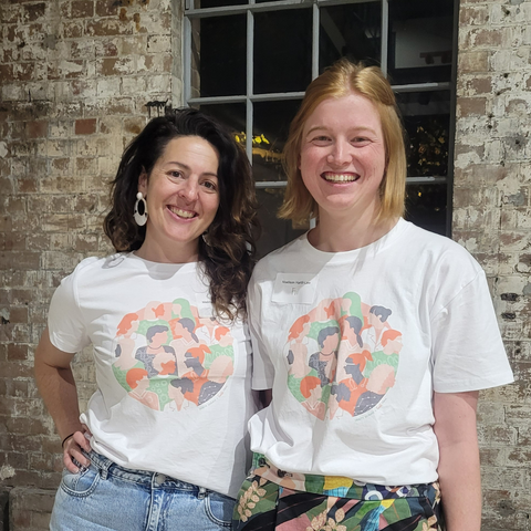 Melina and Madi smilling in Franklin Women shirt design