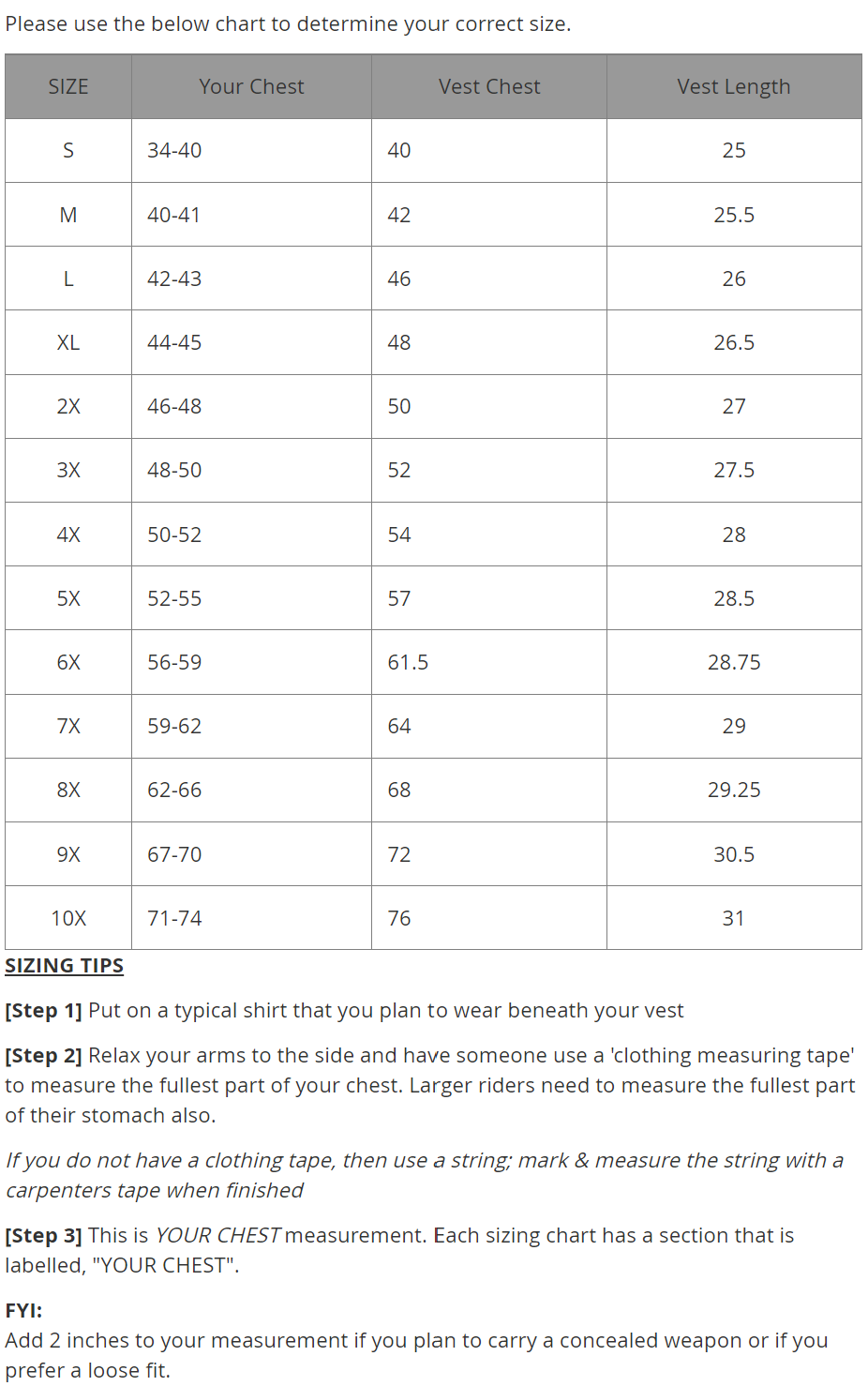 sizing chart