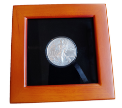 Cedar tone wooden display box for a Silver Eagle coin