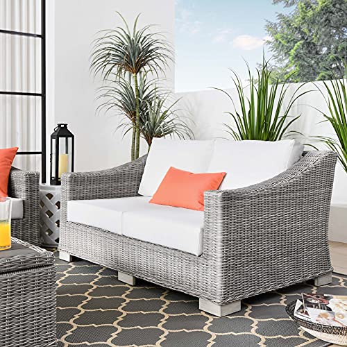 Modway Conway Outdoor Patio Wicker Rattan Loveseat, Light Gray White