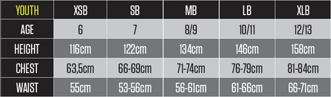 WARRIOR Children's Clothing Size Chart