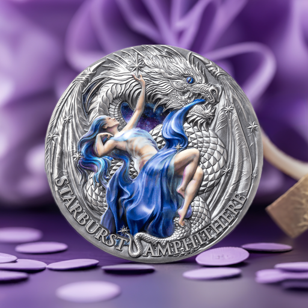 Starburst Amphithere – The Dragonology 2 oz Antique Finish Silver Coin