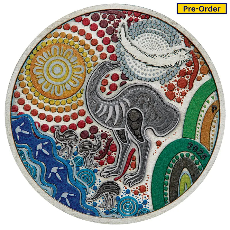 2025 Indigenous Emu 2 oz Silver Antiqued Coloured Coin The Perth Mint