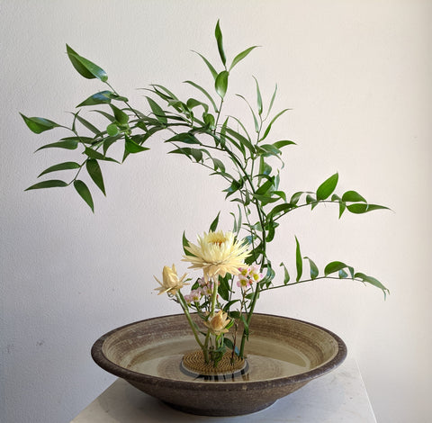 Ikebana de style Moribana avec des branches de feuilles vertes, des roses jaunes et d'autres fleurs roses plantées dans un kenzan rond et à l'intérieur du récipient suiban recouvert d'eau.