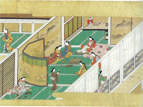 Obra de arte japonesa donde se muestra la ceremonia del incienso