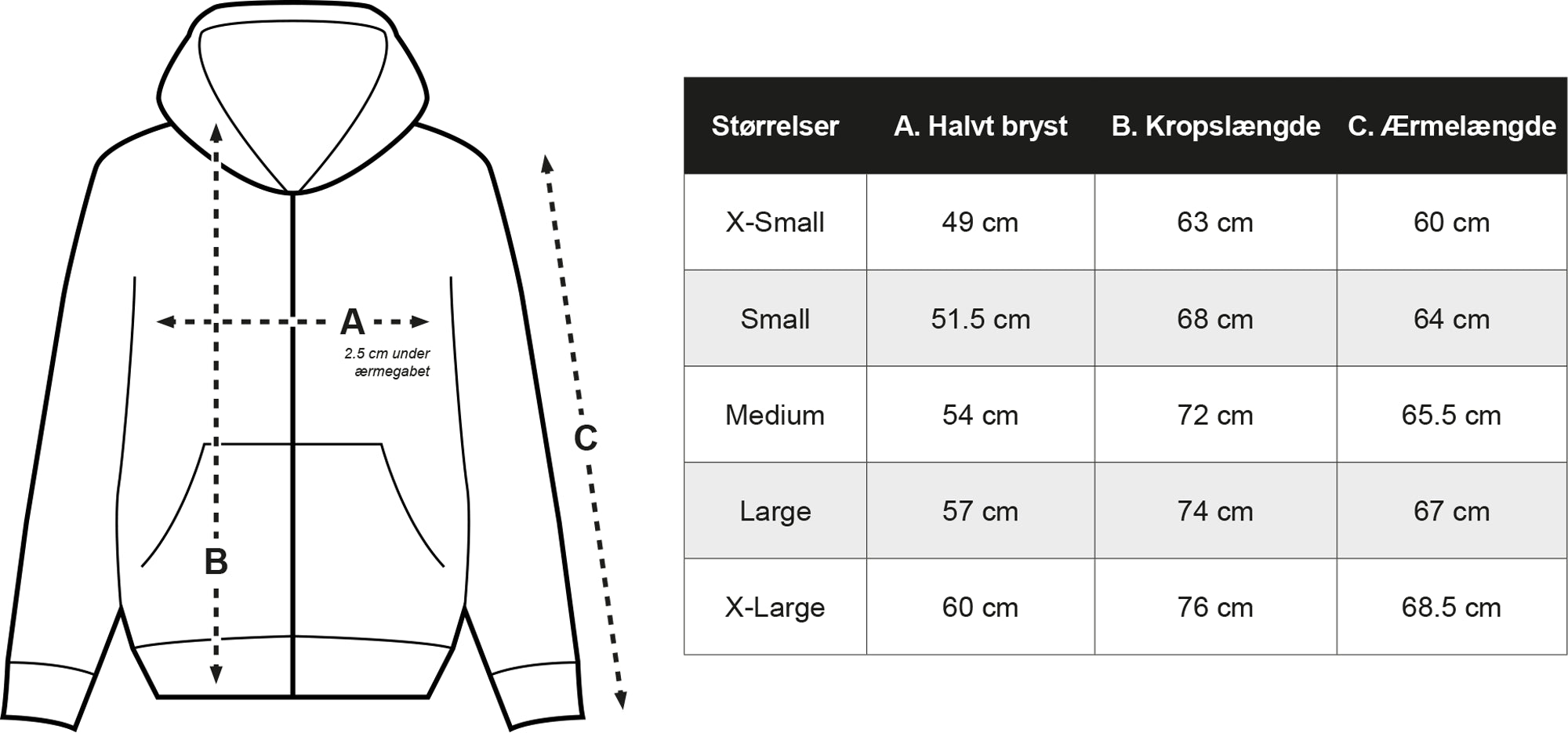 Størrelsesguide til Zip-Thru Hoodies