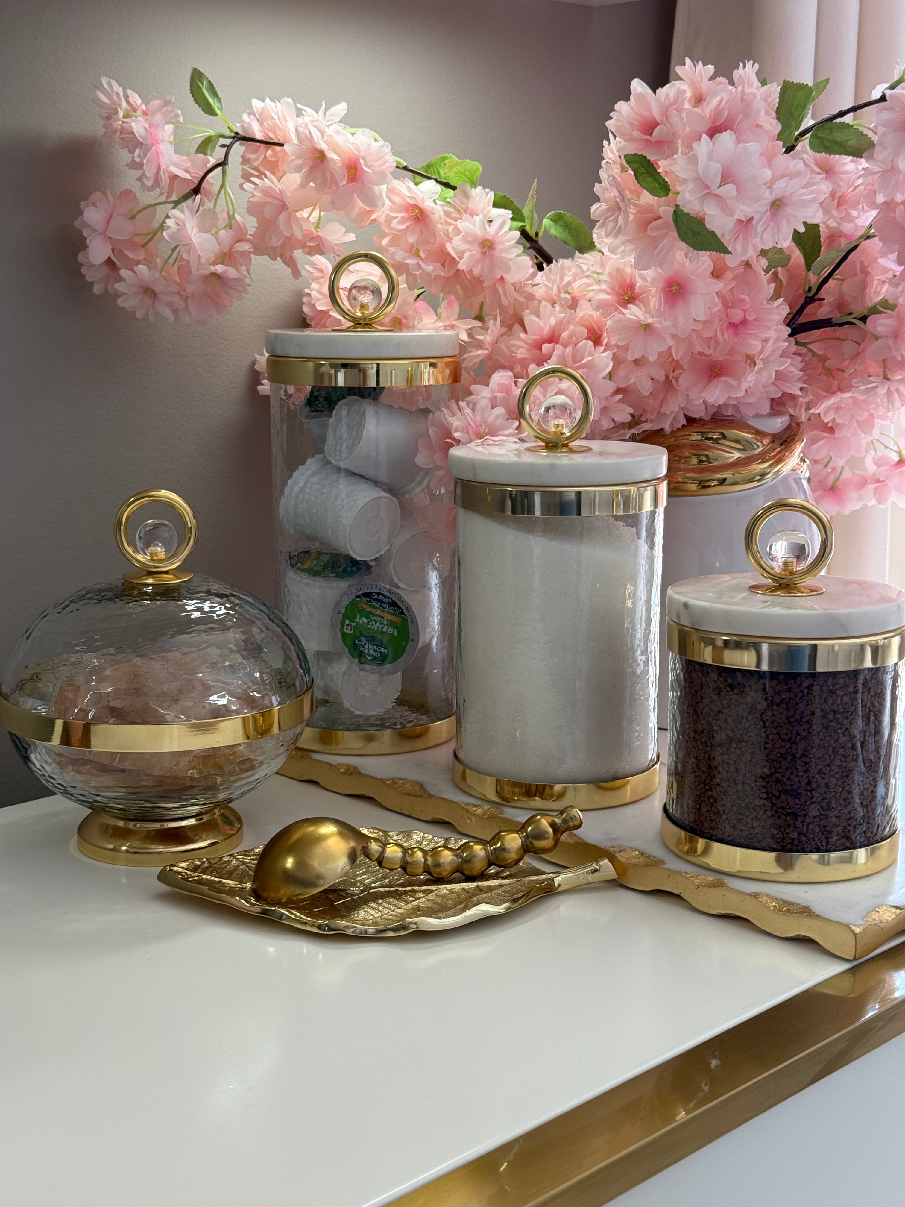 Set Of 3 Canisters Whit Marble Lid And Clear Ball