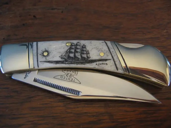 Scrimshaw Ship and Lighthouse Black/White Design Scrimshaw Collection Marlin  Spike with Folding Knife