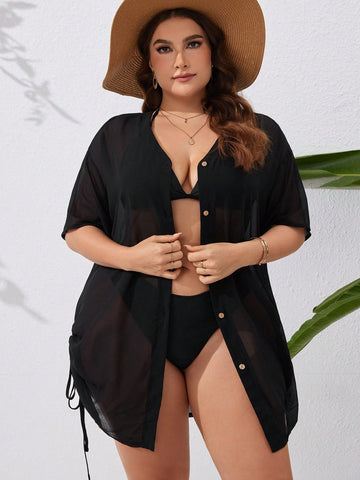 Saída de praia tipo camisa com ajuste lateral Britany. Plus Size