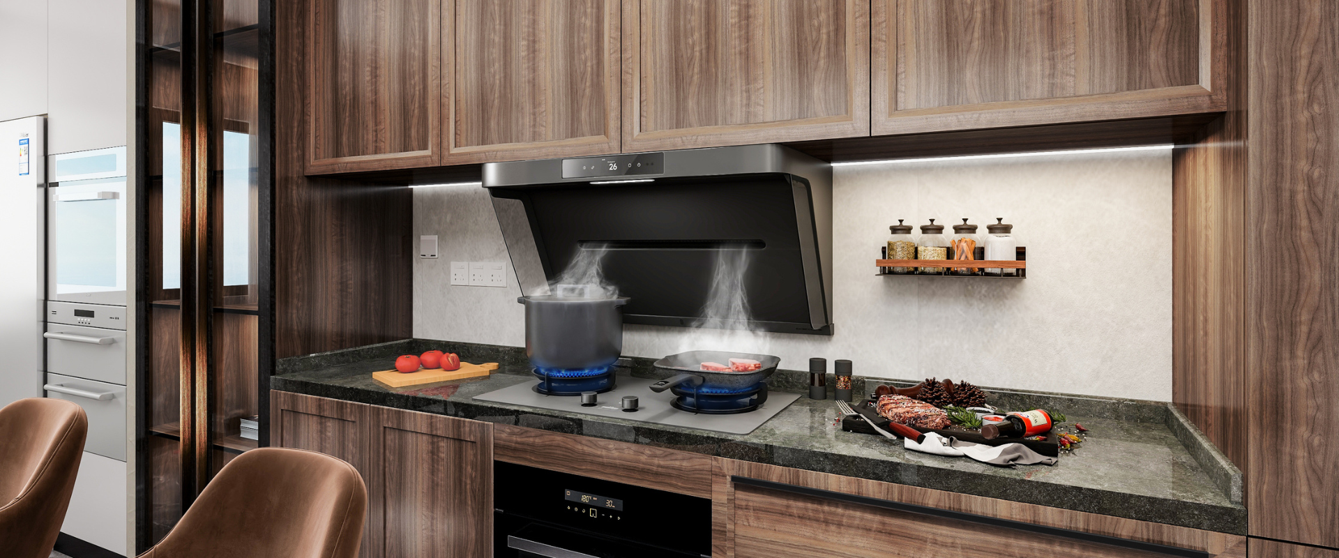 High-performance top suction range hood in use
