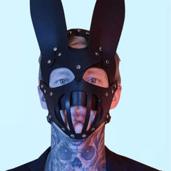 man wearing bunny play mask