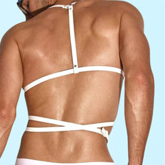 man wearing white gay harness