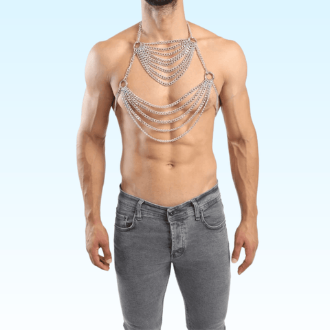 man wearing Layered chain fashion harness
