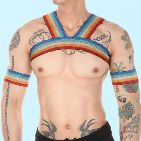 man wearing elastic gay harness