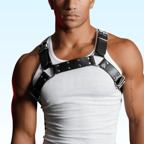 man wearing leather harness over clothes