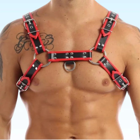 man wearing red gay bulldog gay harness