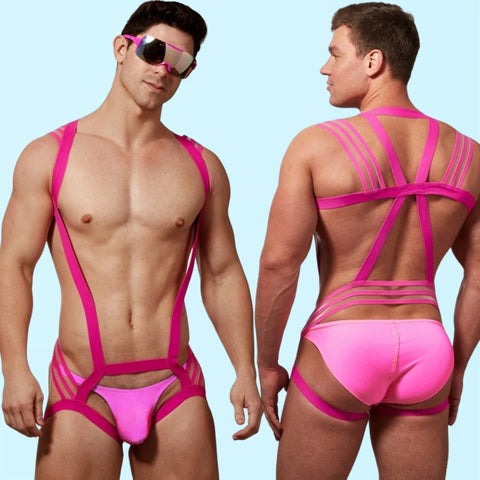 men wearing pink gay harness ensemble