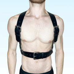 man wearing vegan faaux black leather gay harness