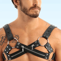 man wearing black zippered leather gay harness