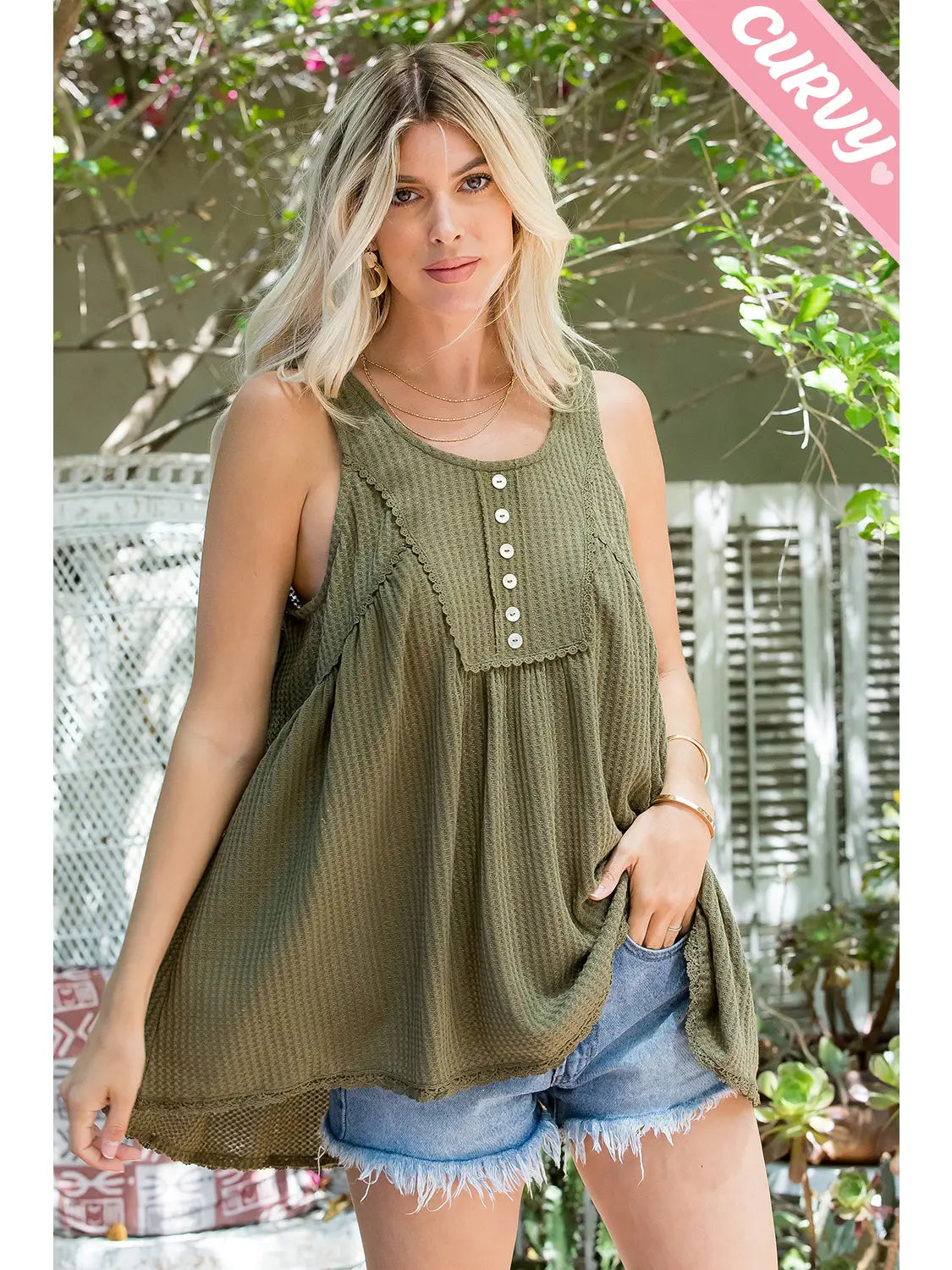 Dusty Sage Plus Lace Trim Button Tank