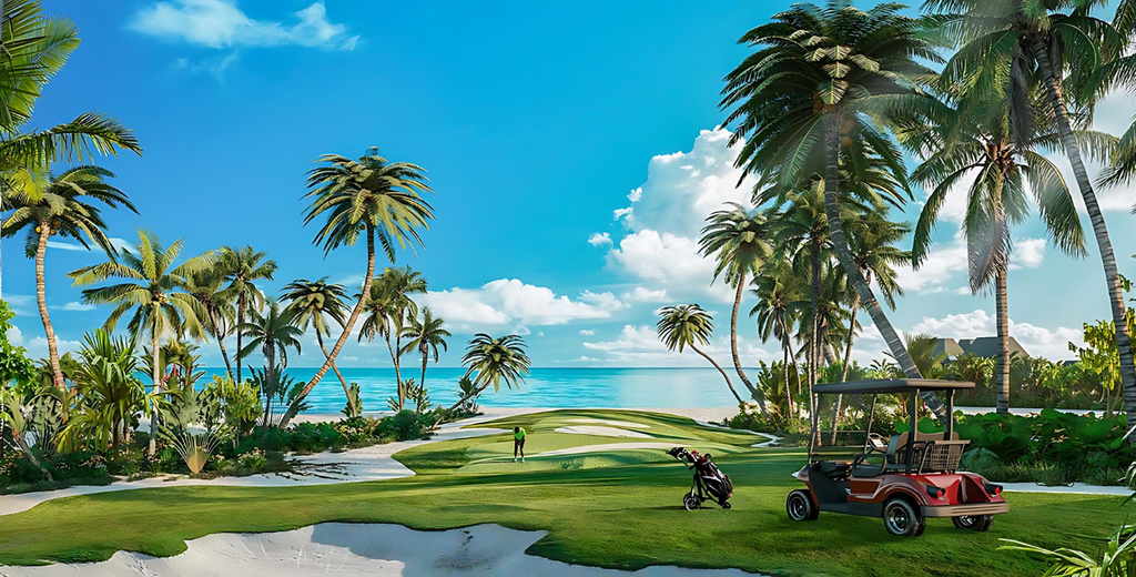 Imagen conceptual de un campo de golf en una isla privada