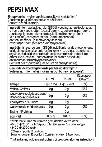 Sodastream Sabor Cola Zero 500 ML Información nutricional