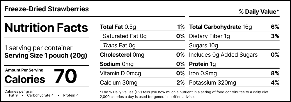 Readywise freeze dried strawberries nutrition label