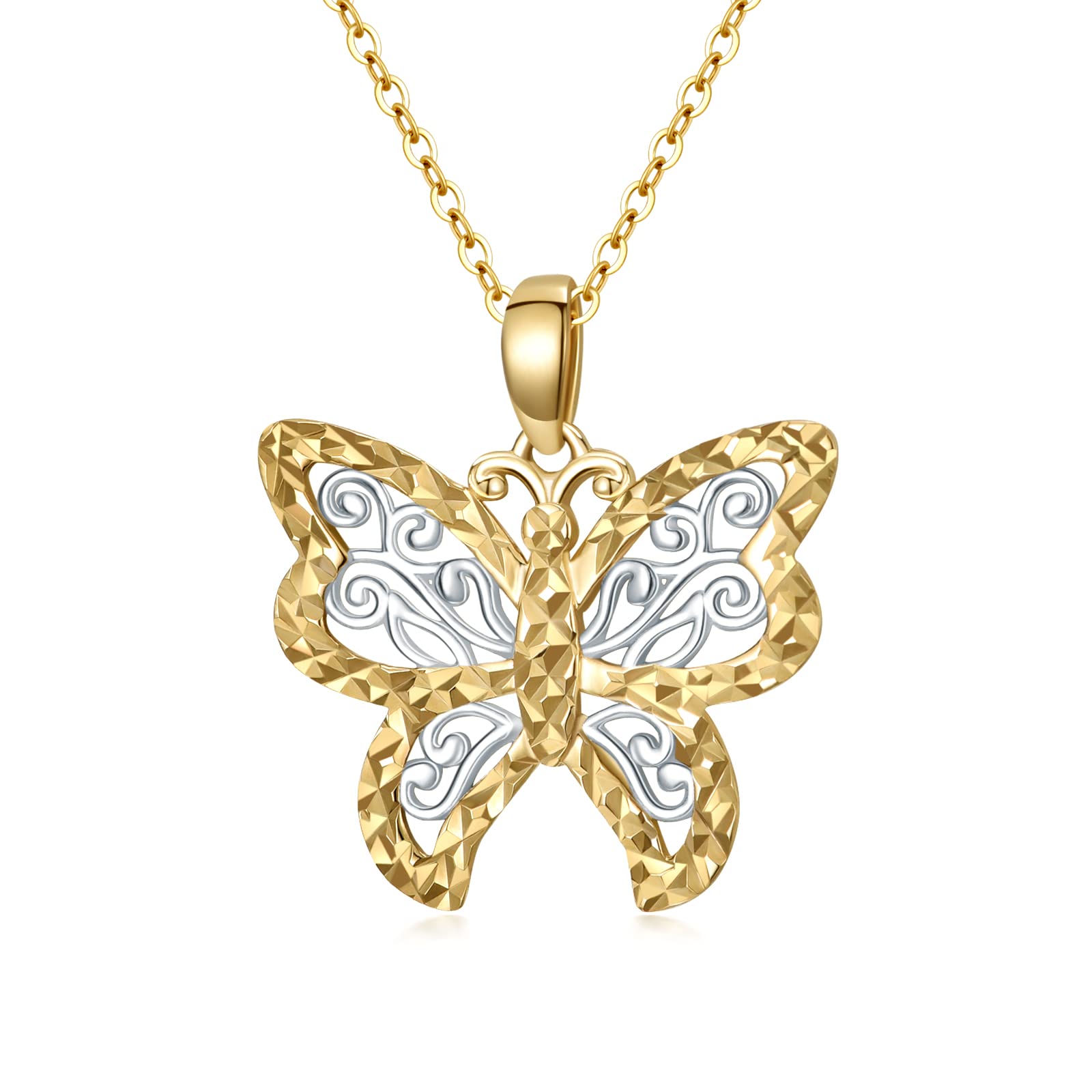 14K 2-Tones Gold Filigree Butterfly Necklace for Women, 16+1+1 inch - CHINAKGOLD.COM product image