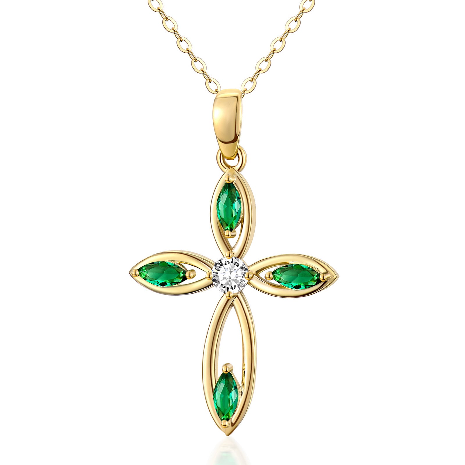 14K Yellow Gold Green Ermerald Cross Necklace for Women, 16+1+1 inch - CHINAKGOLD.COM product image