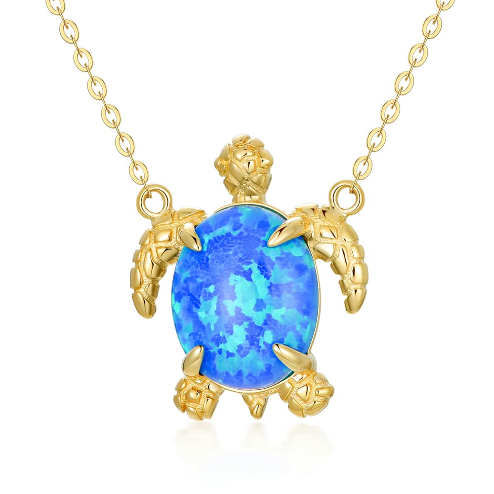 14K Yellow Gold Turtle Blue Opal Necklace for Women, 16+1+1 inch - CHINAKGOLD.COM product image