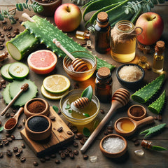 Assorted natural DIY skincare ingredients including honey, coffee grounds, aloe vera, apple cider vinegar, and essential oils, ready for homemade beauty recipes.